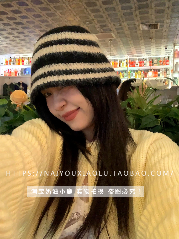 Japanese-Style Striped Plush Fisherman's Hat for Women - Winter Knitted Bucket Hat, Casual Versatile Trend Japanese-Style Striped Plush Fisherman's Hat for Women - Winter Knitted Bucket Hat, Casual Versatile Trend