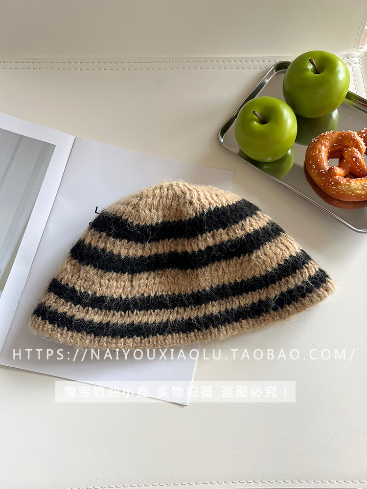 Japanese-Style Striped Plush Fisherman's Hat for Women - Winter Knitted Bucket Hat, Casual Versatile Trend Japanese-Style Striped Plush Fisherman's Hat for Women - Winter Knitted Bucket Hat, Casual Versatile Trend