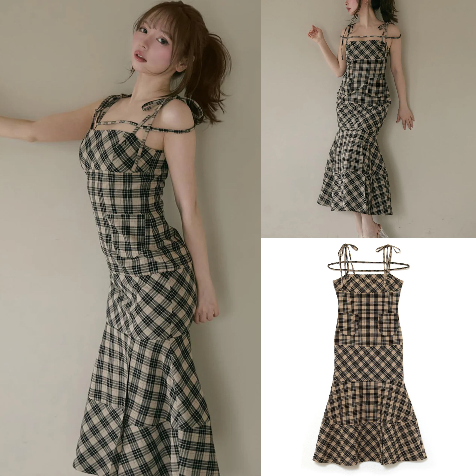 Japanese-Style Summer 2025 Plaid Slimming Mermaid Long Dress for Women Japanese-Style Summer 2025 Plaid Slimming Mermaid Long Dress for Women