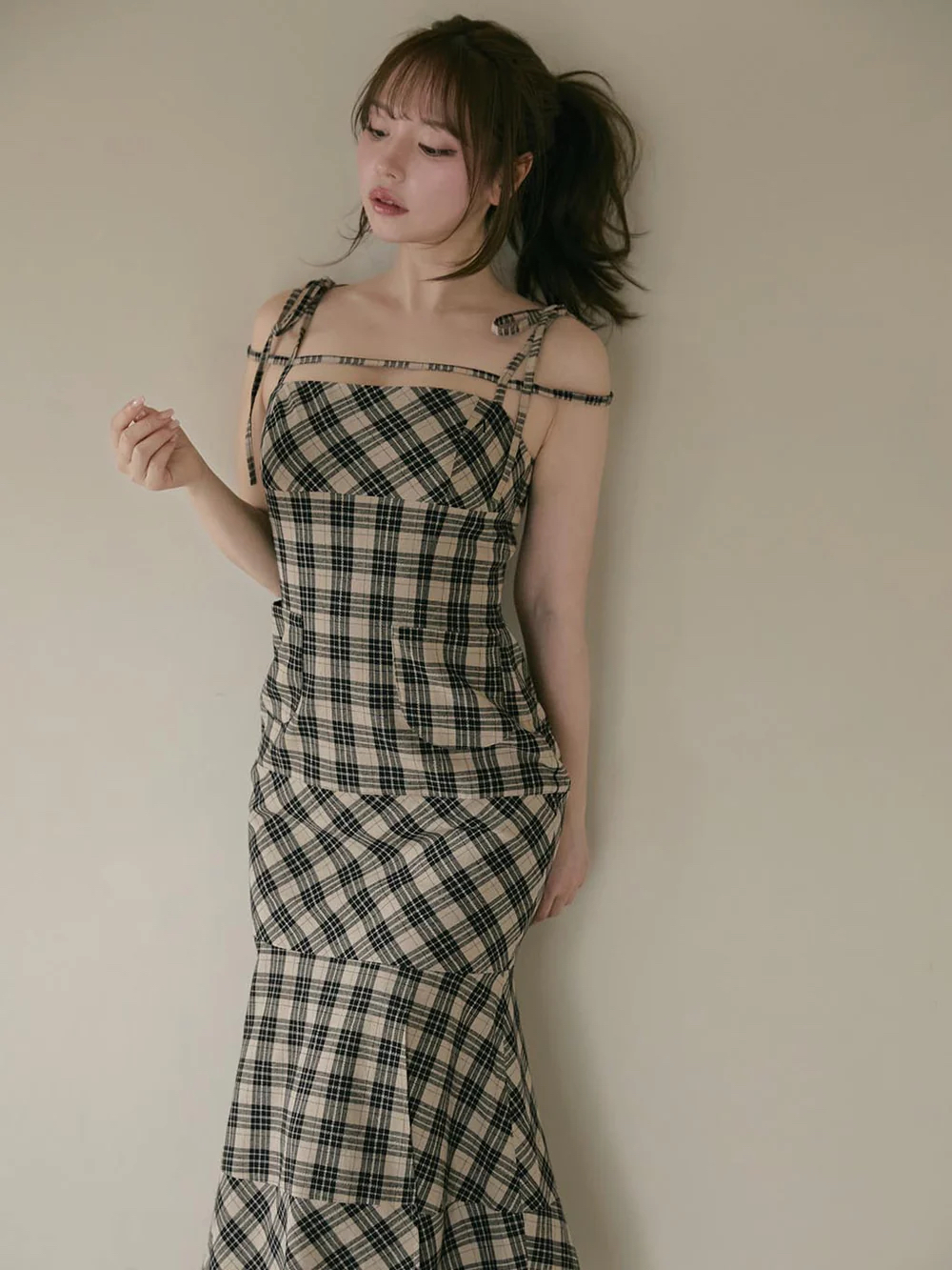 Japanese-Style Summer 2025 Plaid Slimming Mermaid Long Dress for Women Japanese-Style Summer 2025 Plaid Slimming Mermaid Long Dress for Women
