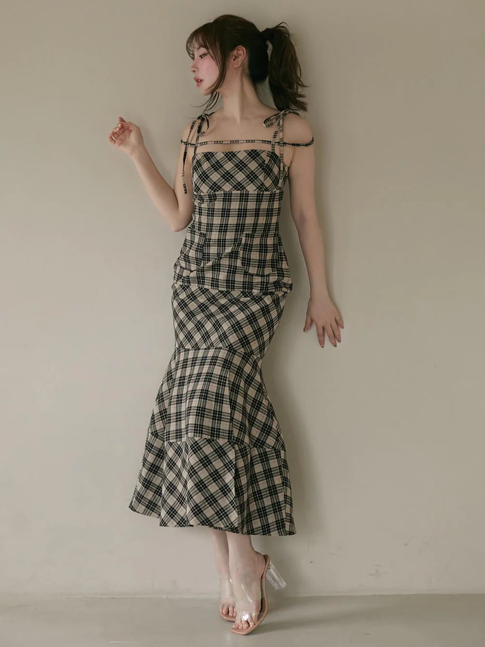 Japanese-Style Summer 2025 Plaid Slimming Mermaid Long Dress for Women Japanese-Style Summer 2025 Plaid Slimming Mermaid Long Dress for Women