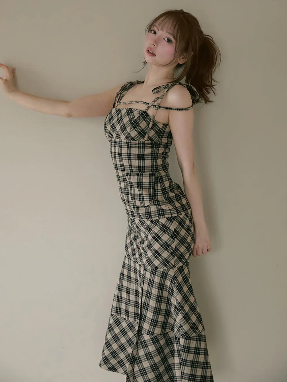Japanese-Style Summer 2025 Plaid Slimming Mermaid Long Dress for Women Japanese-Style Summer 2025 Plaid Slimming Mermaid Long Dress for Women