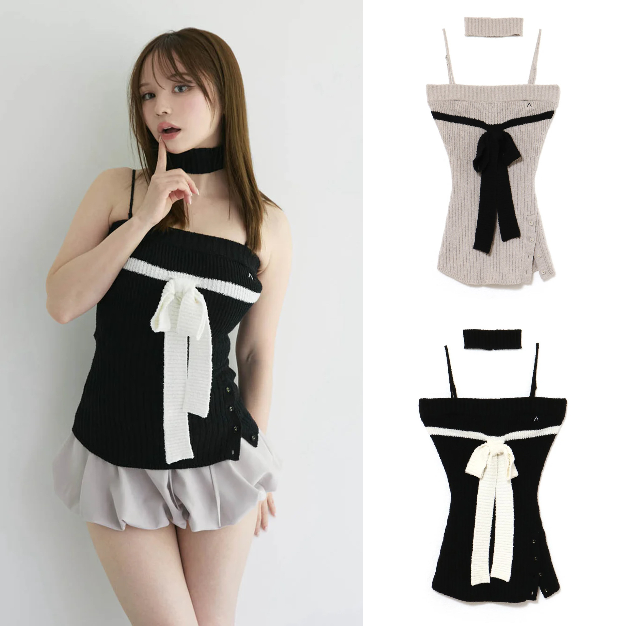 Japanese-Style Sweet Slim-Fit Knitted Camisole with Bow Tie Straps & Neck Scarf - Age-Reducing Fashion Top Japanese-Style Sweet Slim-Fit Knitted Camisole with Bow Tie Straps & Neck Scarf - Age-Reducing Fashion Top
