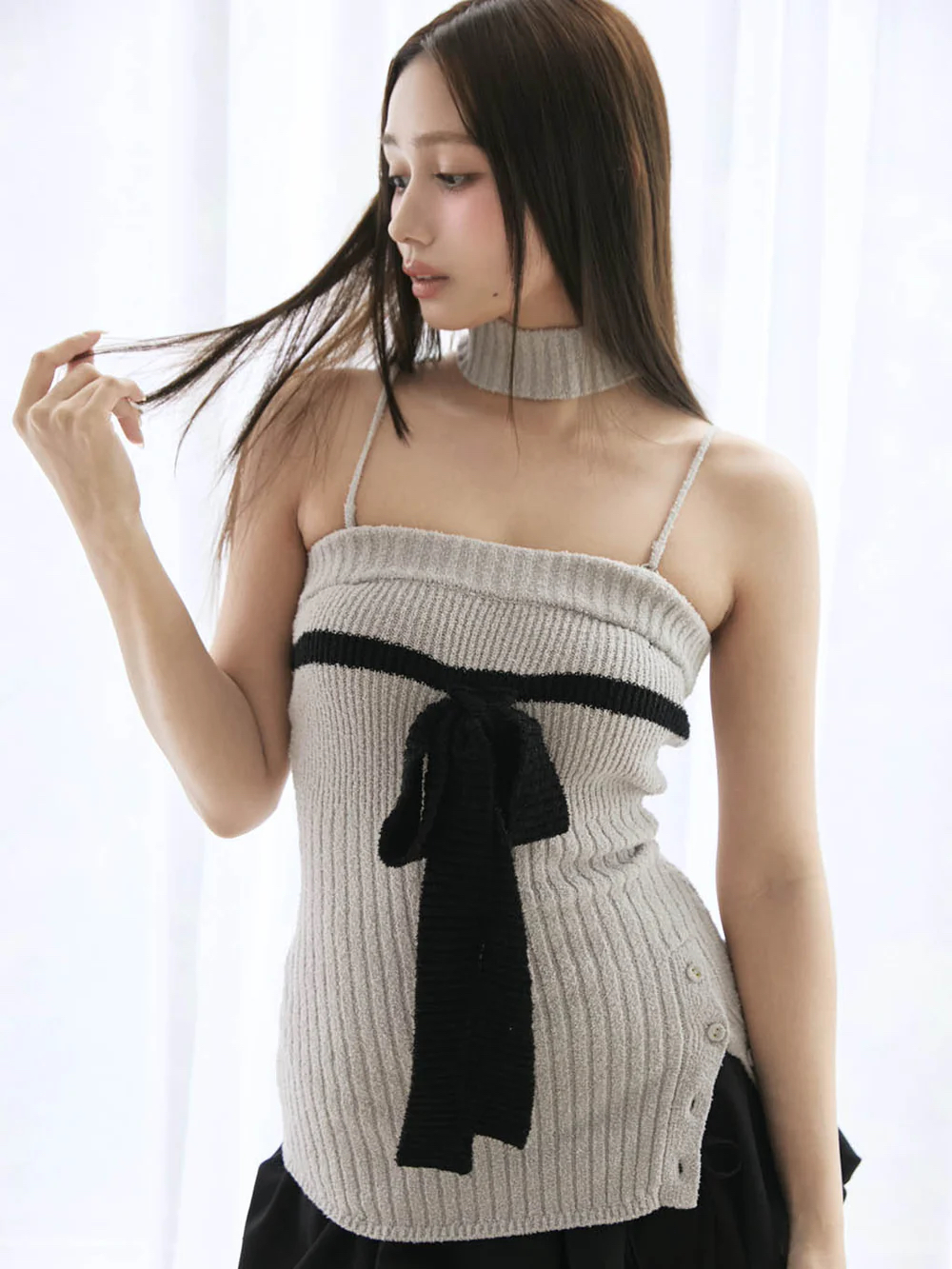 Japanese-Style Sweet Slim-Fit Knitted Camisole with Bow Tie Straps & Neck Scarf - Age-Reducing Fashion Top Japanese-Style Sweet Slim-Fit Knitted Camisole with Bow Tie Straps & Neck Scarf - Age-Reducing Fashion Top