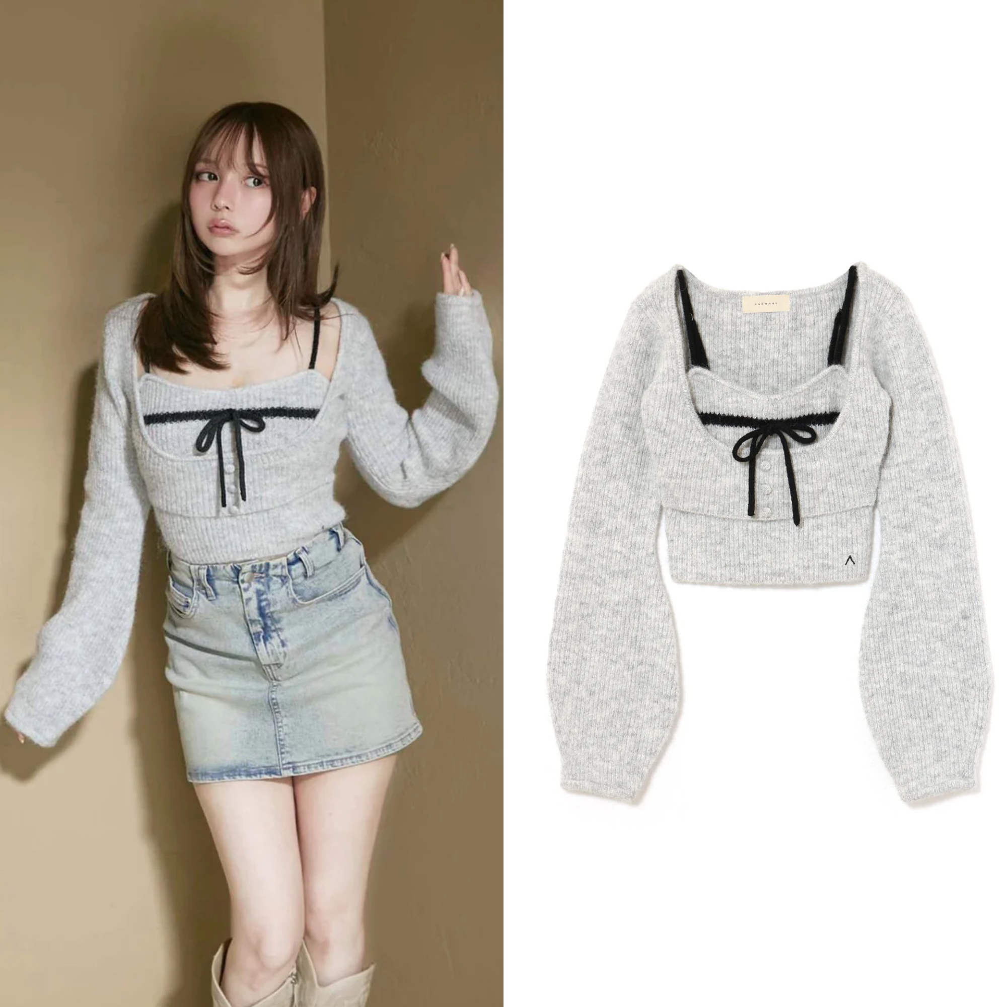 Japanese Sweet Niche Design Gray Cashmere Bow Knitwear Two-Piece Set for Autumn Winter 2025 Japanese Sweet Niche Design Gray Cashmere Bow Knitwear Two-Piece Set for Autumn Winter 2025