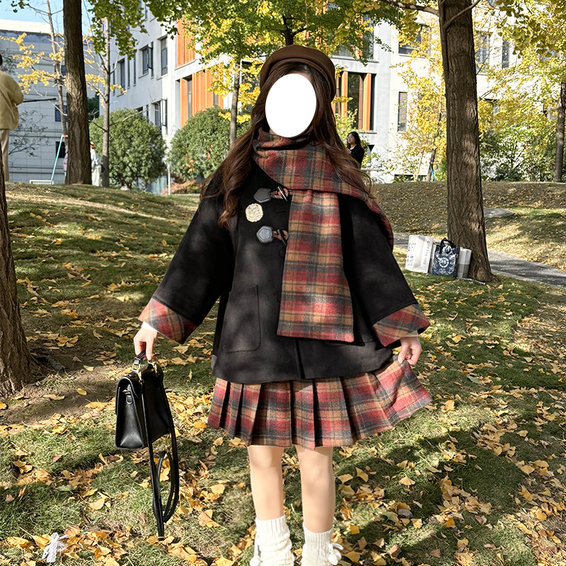 JK Uniform Set with Pudding Bear Design - Woolen Overcoat & 3-Piece Autumn/Winter Outfit for School - 2025 Fashion