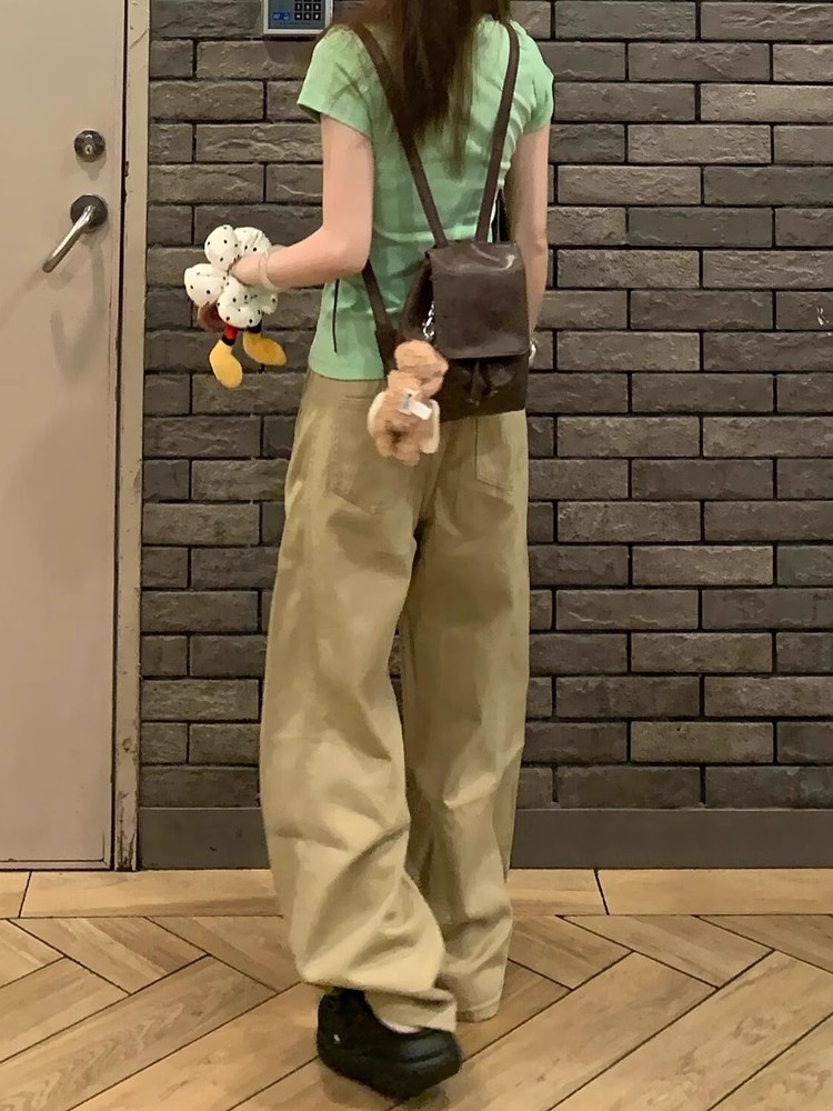 Khaki Curved Blade Workwear Jeans for Women - Loose Slimming Straight Wide-Leg Summer Pants, American Style Fashion Khaki Curved Blade Workwear Jeans for Women - Loose Slimming Straight Wide-Leg Summer Pants, American Style Fashion