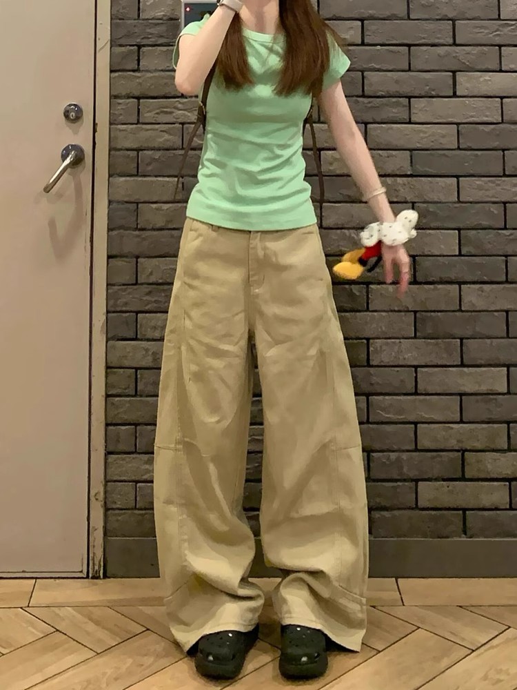 Khaki Curved Blade Workwear Jeans for Women - Loose Slimming Straight Wide-Leg Summer Pants, American Style Fashion