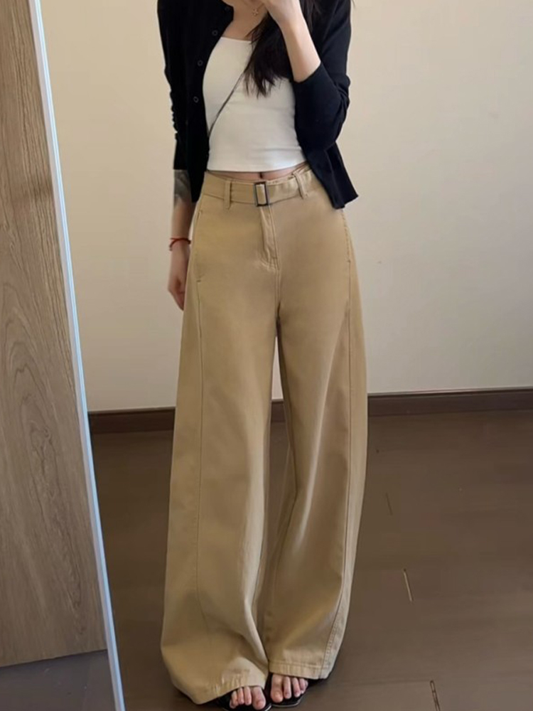 Khaki High-Waisted Wide-Leg Jeans for Women, Summer 2025 Loose-Fitting Casual Pants, Slimming Draped Style