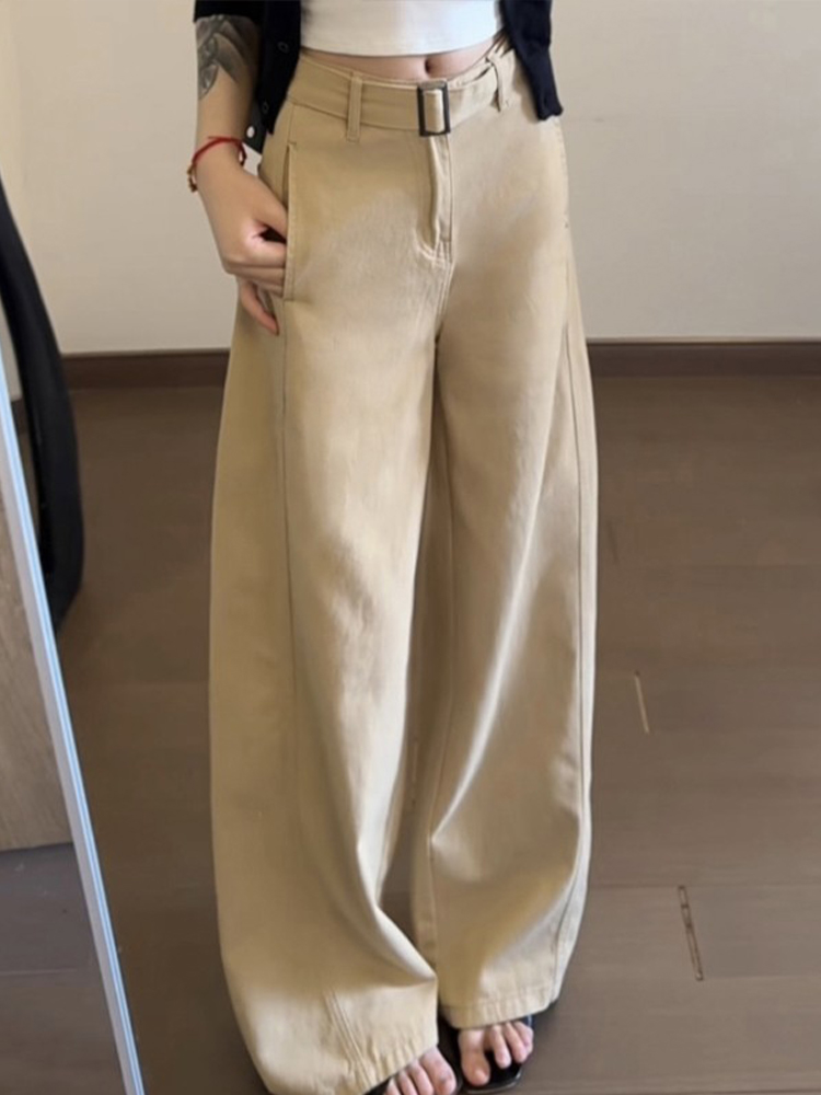 Khaki High-Waisted Wide-Leg Jeans for Women, Summer 2025 Loose-Fitting Casual Pants, Slimming Draped Style