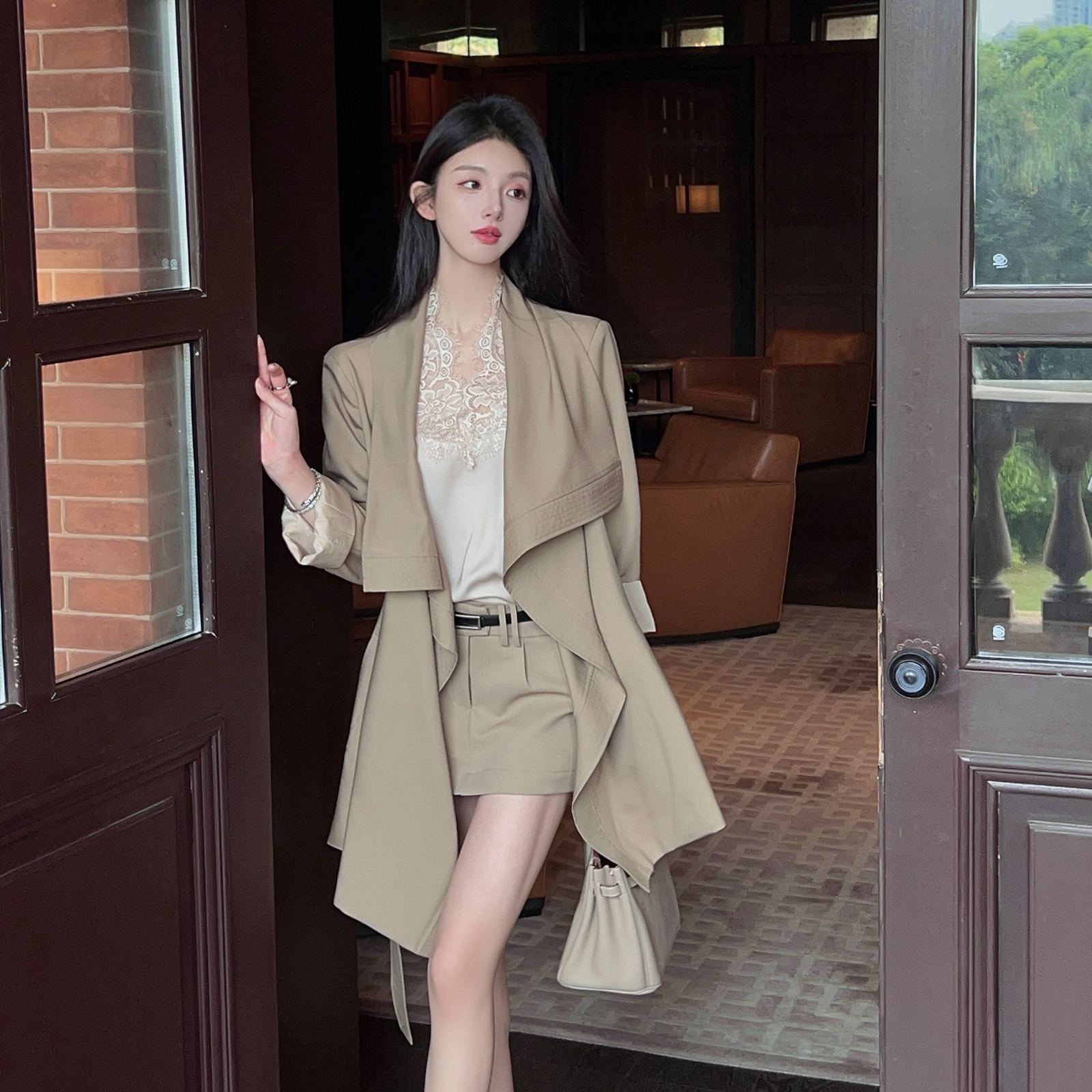 Khaki Mid-Length Trench Coat for Women - British Style Casual Outerwear with Belt - Spring Fashion 2025