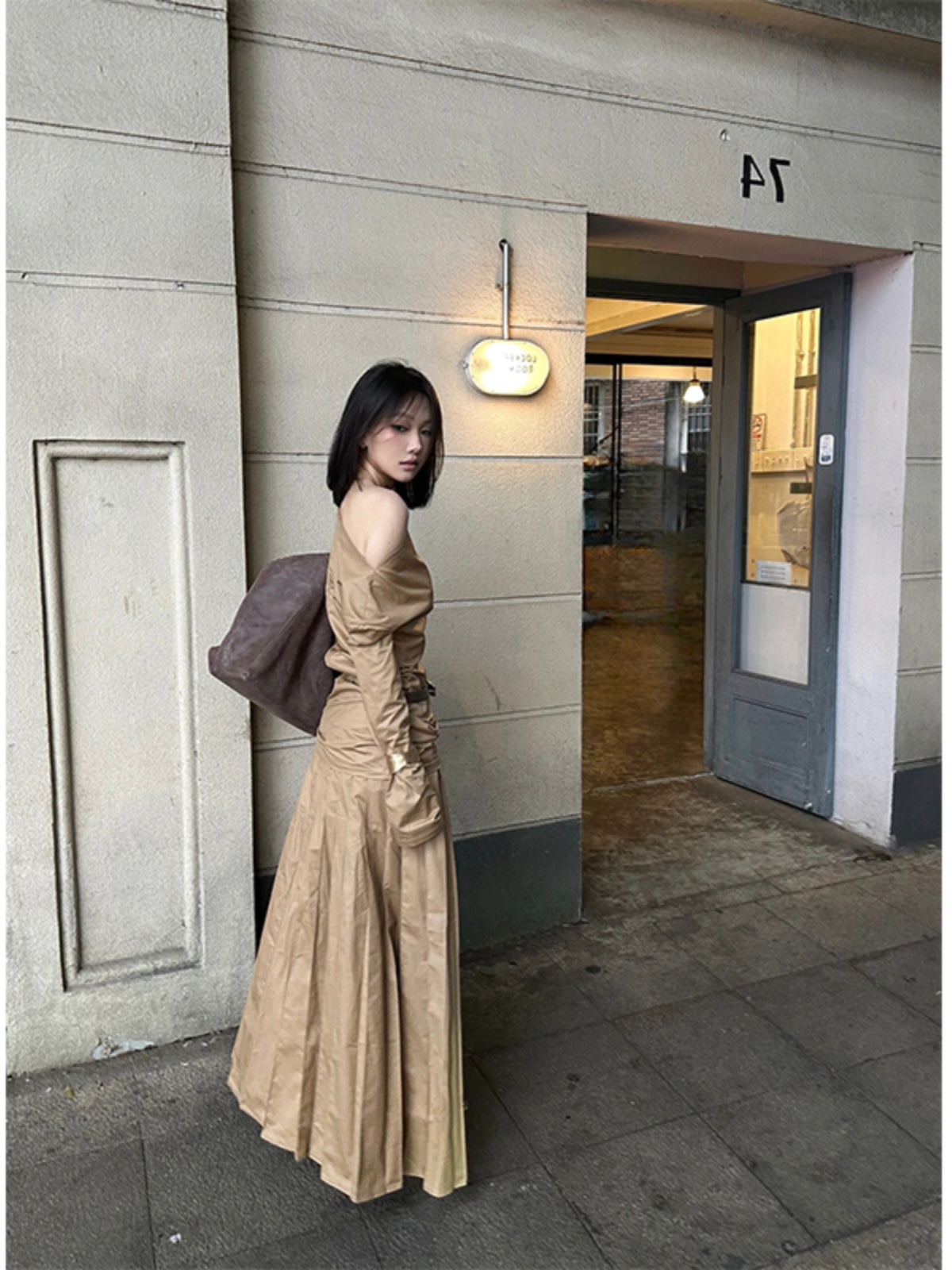 Khaki Off-Shoulder Irregular Pleated Dress with Thigh Cutout - Spicy Girl Fashion Inspired by Y2K and Korean Style Khaki Off-Shoulder Irregular Pleated Dress with Thigh Cutout - Spicy Girl Fashion Inspired by Y2K and Korean Style