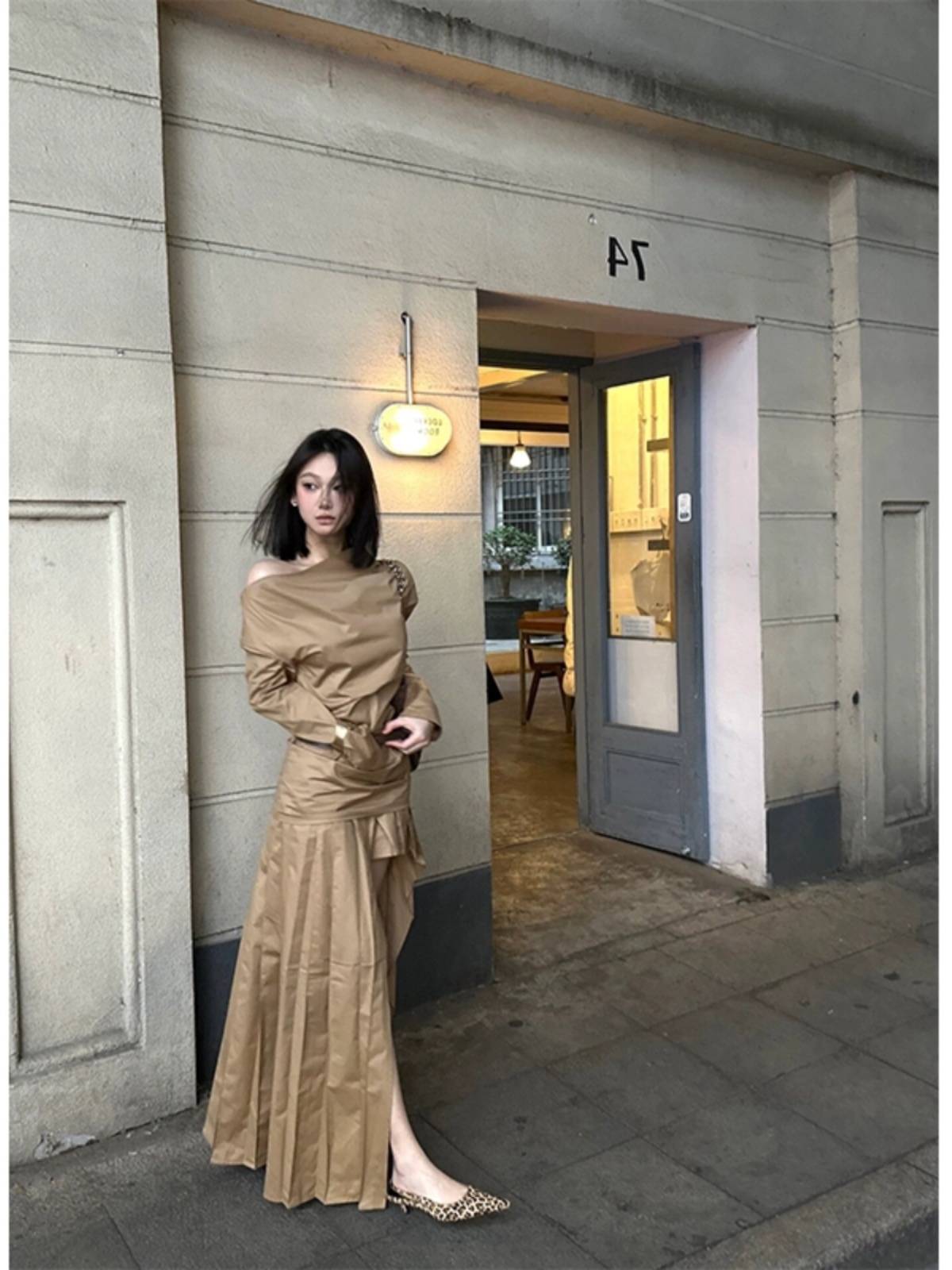 Khaki Off-Shoulder Irregular Pleated Dress with Thigh Cutout - Spicy Girl Fashion Inspired by Y2K and Korean Style Khaki Off-Shoulder Irregular Pleated Dress with Thigh Cutout - Spicy Girl Fashion Inspired by Y2K and Korean Style