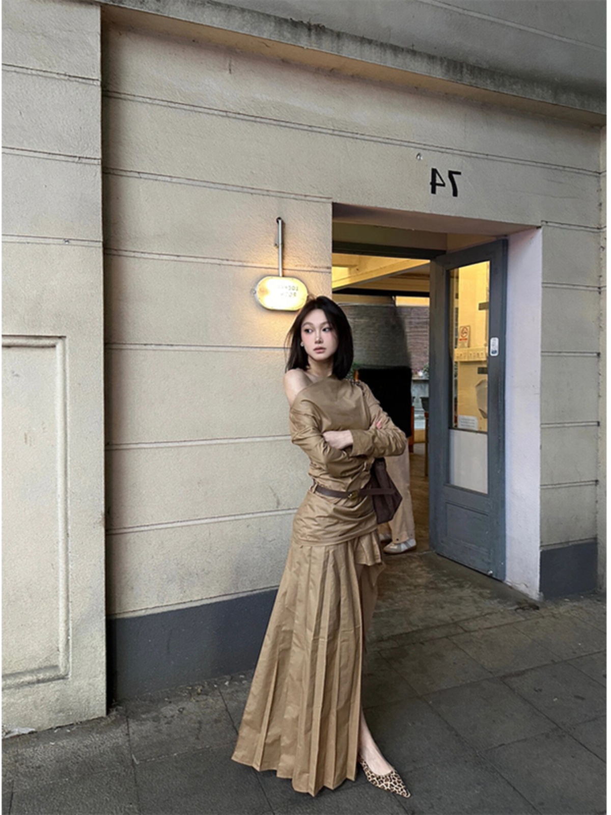 Khaki Off-Shoulder Irregular Pleated Dress with Thigh Cutout - Spicy Girl Fashion Inspired by Y2K and Korean Style Khaki Off-Shoulder Irregular Pleated Dress with Thigh Cutout - Spicy Girl Fashion Inspired by Y2K and Korean Style