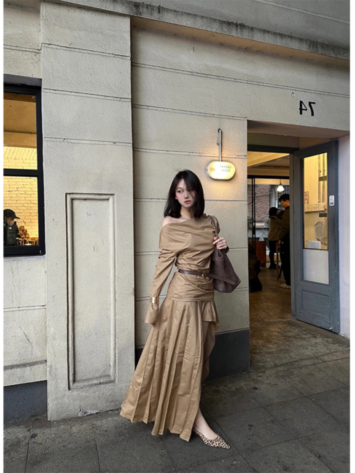 Khaki Off-Shoulder Irregular Pleated Dress with Thigh Cutout - Spicy Girl Fashion Inspired by Y2K and Korean Style Khaki Off-Shoulder Irregular Pleated Dress with Thigh Cutout - Spicy Girl Fashion Inspired by Y2K and Korean Style