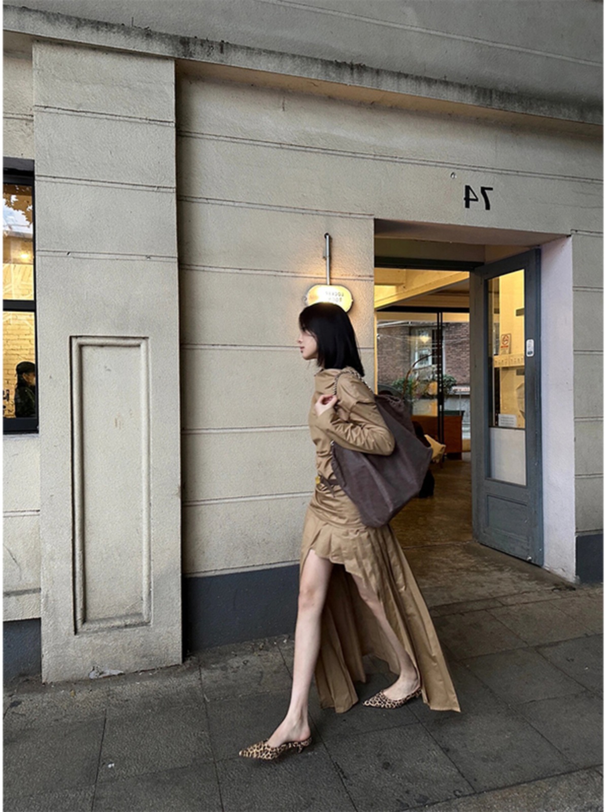 Khaki Off-Shoulder Irregular Pleated Dress with Thigh Cutout - Spicy Girl Fashion Inspired by Y2K and Korean Style Khaki Off-Shoulder Irregular Pleated Dress with Thigh Cutout - Spicy Girl Fashion Inspired by Y2K and Korean Style