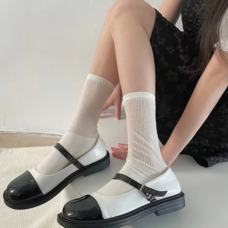 Knitted Slouch Socks for Women in Milk White - Thin Mid-Calf Socks, Japanese Style, Versatile Spring/Summer Fashion Footwear