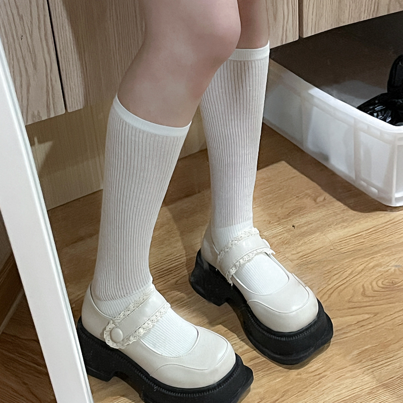 Knitted Slouch Socks for Women in Milk White - Thin Mid-Calf Socks, Japanese Style, Versatile Spring/Summer Fashion Footwear Knitted Slouch Socks for Women in Milk White - Thin Mid-Calf Socks, Japanese Style, Versatile Spring/Summer Fashion Footwear