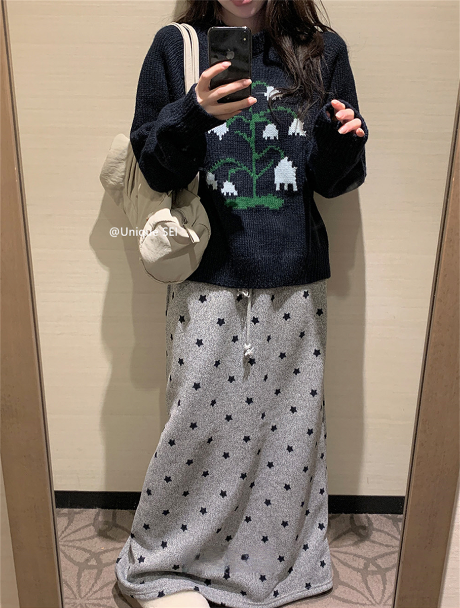 Korean Style Autumn Winter Streetwear Star Print Casual Long Skirt with Elastic Waist and Drawstring for a Slimming Fit