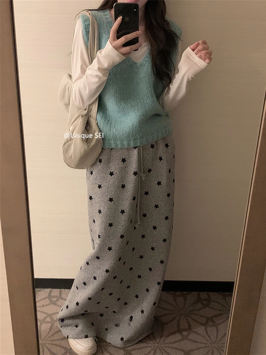 Korean Style Autumn Winter Streetwear Star Print Casual Long Skirt with Elastic Waist and Drawstring for a Slimming Fit