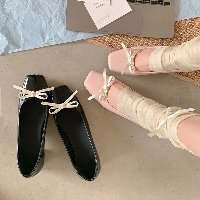 Korean Style Barbie Pink Bow Square Toe 4cm Mid-Heel Sheepskin Chunky Heel Women's Shoes - Versatile Shallow Mouth Design