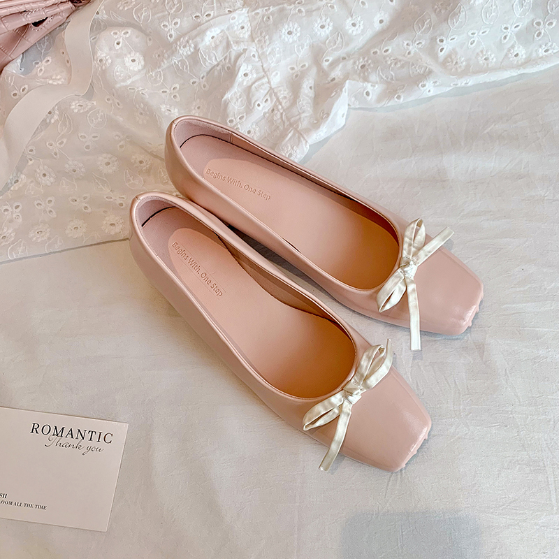 Korean Style Barbie Pink Bow Square Toe 4cm Mid-Heel Sheepskin Chunky Heel Women's Shoes - Versatile Shallow Mouth Design