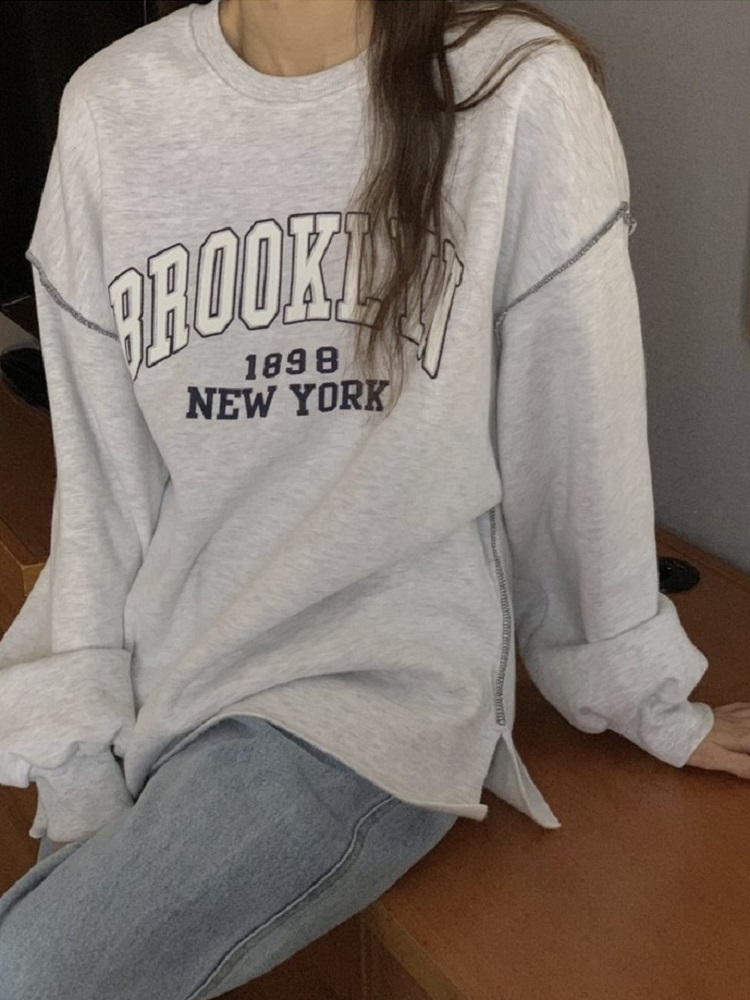 Korean Style Brooklyn Letter Embroidery Splicing Seam Loose Sports Sweatshirt for Casual Wear Korean Style Brooklyn Letter Embroidery Splicing Seam Loose Sports Sweatshirt for Casual Wear