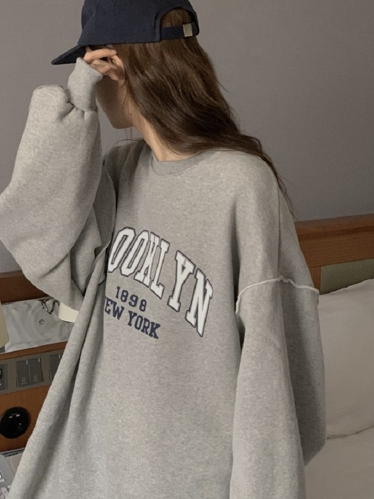 Korean Style Brooklyn Letter Embroidery Splicing Seam Loose Sports Sweatshirt for Casual Wear Korean Style Brooklyn Letter Embroidery Splicing Seam Loose Sports Sweatshirt for Casual Wear