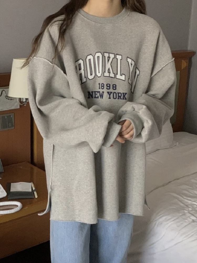 Korean Style Brooklyn Letter Embroidery Splicing Seam Loose Sports Sweatshirt for Casual Wear Korean Style Brooklyn Letter Embroidery Splicing Seam Loose Sports Sweatshirt for Casual Wear