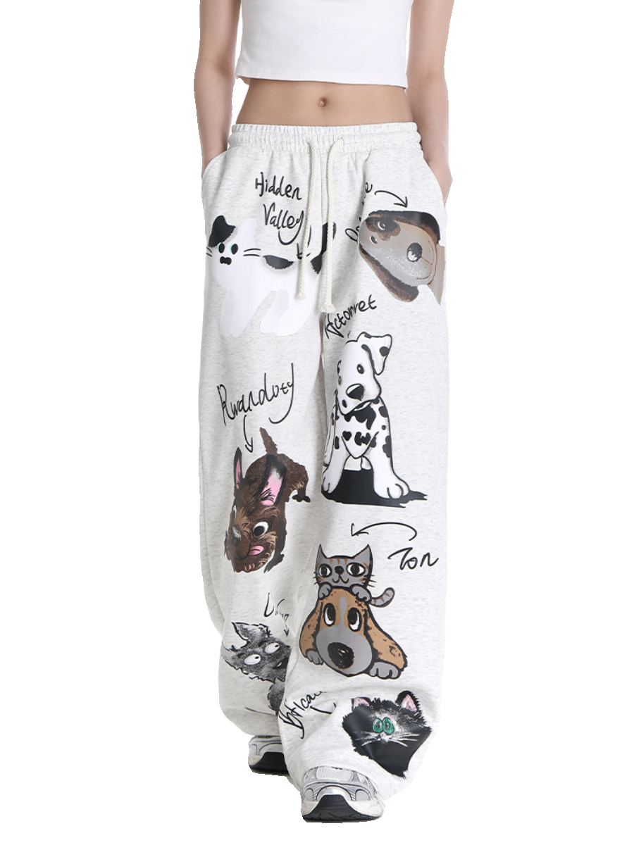 Korean Style Cartoon Printed Straight-Leg Casual Pants for Women - Autumn Winter Jazz Dance Sports Trousers Korean Style Cartoon Printed Straight-Leg Casual Pants for Women - Autumn Winter Jazz Dance Sports Trousers