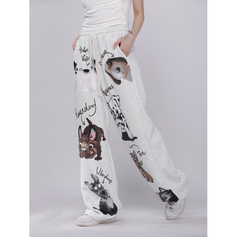 Korean Style Cartoon Printed Straight-Leg Casual Pants for Women - Autumn Winter Jazz Dance Sports Trousers Korean Style Cartoon Printed Straight-Leg Casual Pants for Women - Autumn Winter Jazz Dance Sports Trousers