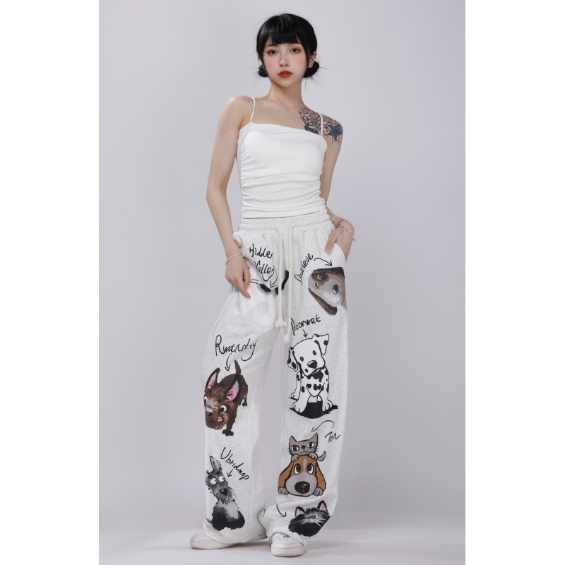 Korean Style Cartoon Printed Straight-Leg Casual Pants for Women - Autumn Winter Jazz Dance Sports Trousers Korean Style Cartoon Printed Straight-Leg Casual Pants for Women - Autumn Winter Jazz Dance Sports Trousers