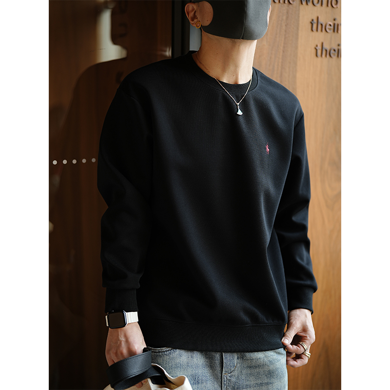 Korean Style Casual Minimalist Embroidered Logo Round-Neck Sweatshirt for Men - Trendy Solid Color Pullover Top for Spring Korean Style Casual Minimalist Embroidered Logo Round-Neck Sweatshirt for Men - Trendy Solid Color Pullover Top for Spring