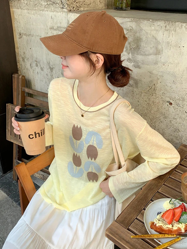 Korean-Style Casual Printed Round-Neck Long Sleeve T-Shirt for Women - Loose-Fitting, Sun-Protective Summer Top Korean-Style Casual Printed Round-Neck Long Sleeve T-Shirt for Women - Loose-Fitting, Sun-Protective Summer Top