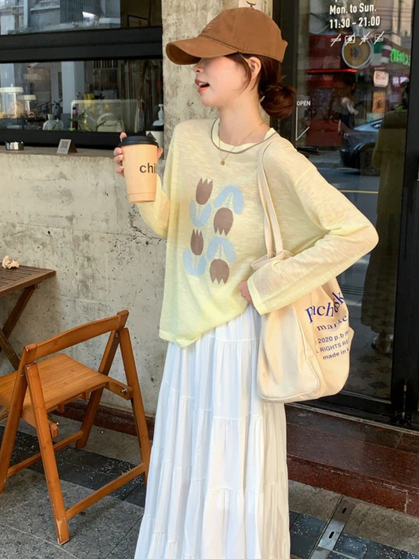 Korean-Style Casual Printed Round-Neck Long Sleeve T-Shirt for Women - Loose-Fitting, Sun-Protective Summer Top Korean-Style Casual Printed Round-Neck Long Sleeve T-Shirt for Women - Loose-Fitting, Sun-Protective Summer Top