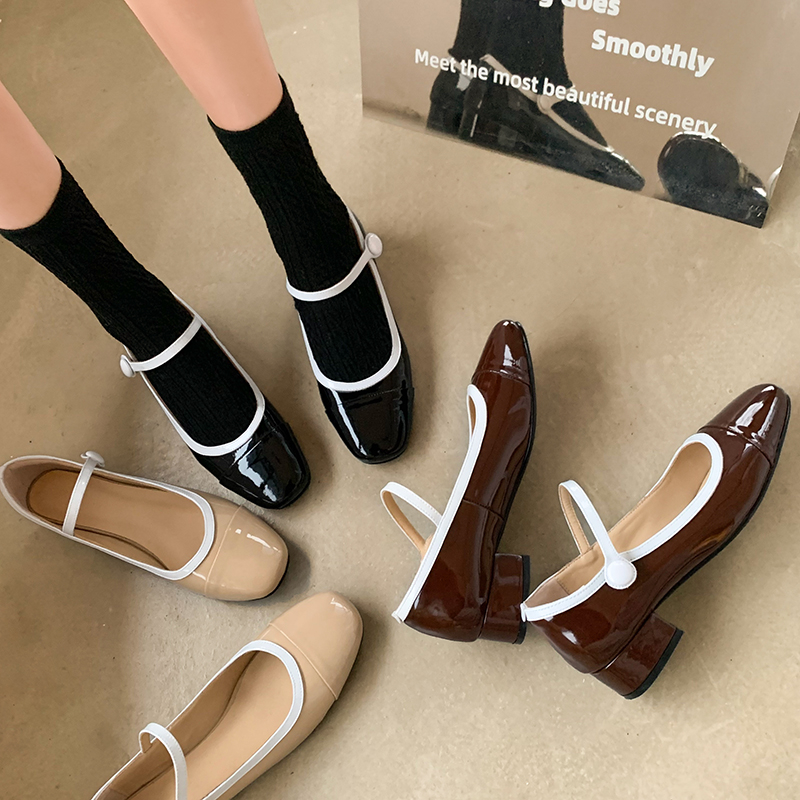 Korean Style Color-Blocking Chunky Heel Mary Jane Flats - Round-Toe One-Strap Genuine Leather Shoes, Age-Reducing Comfort Korean Style Color-Blocking Chunky Heel Mary Jane Flats - Round-Toe One-Strap Genuine Leather Shoes, Age-Reducing Comfort