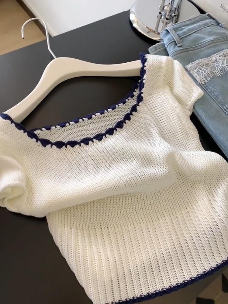 Korean Style Color-Blocking Square Neck Short Sleeve Knitted T-Shirt for Women - Slim Fit Early Summer Top