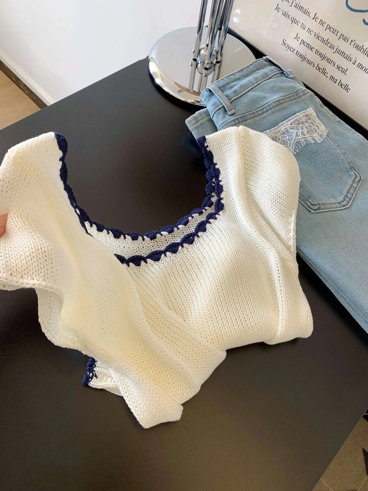 Korean Style Color-Blocking Square Neck Short Sleeve Knitted T-Shirt for Women - Slim Fit Early Summer Top Korean Style Color-Blocking Square Neck Short Sleeve Knitted T-Shirt for Women - Slim Fit Early Summer Top