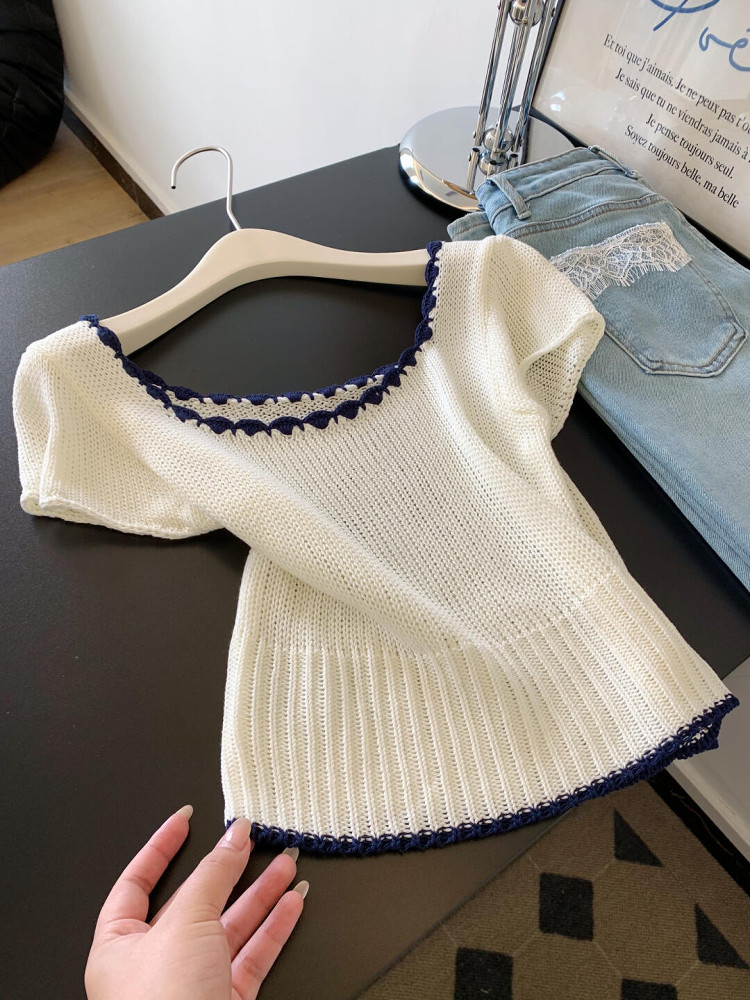 Korean Style Color-Blocking Square Neck Short Sleeve Knitted T-Shirt for Women - Slim Fit Early Summer Top Korean Style Color-Blocking Square Neck Short Sleeve Knitted T-Shirt for Women - Slim Fit Early Summer Top