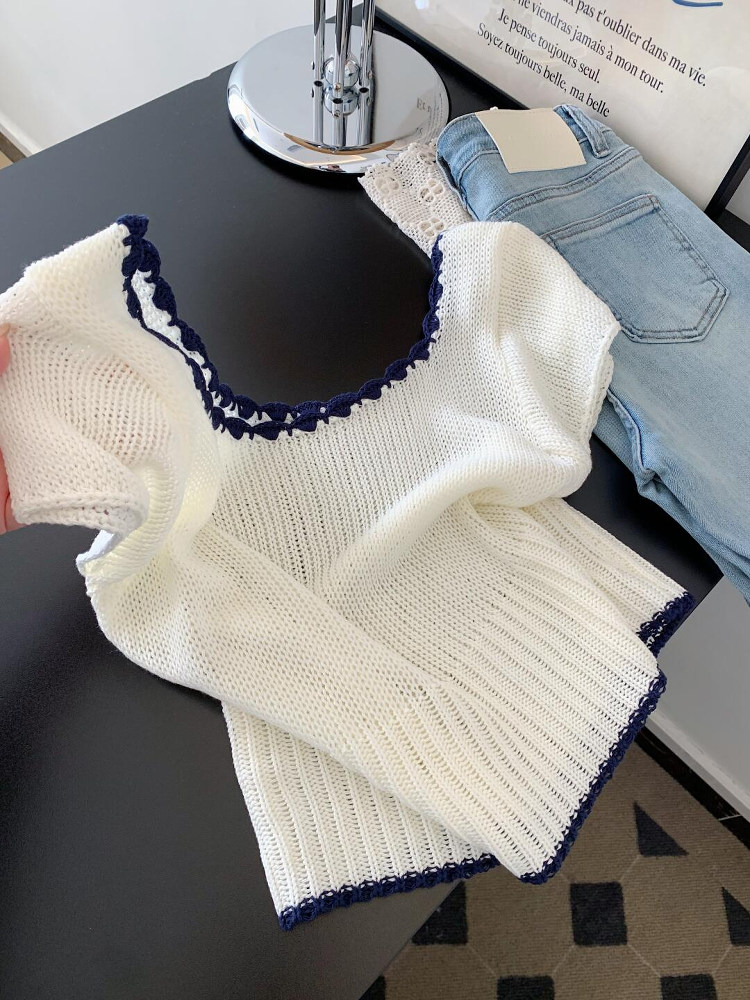 Korean Style Color-Blocking Square Neck Short Sleeve Knitted T-Shirt for Women - Slim Fit Early Summer Top Korean Style Color-Blocking Square Neck Short Sleeve Knitted T-Shirt for Women - Slim Fit Early Summer Top