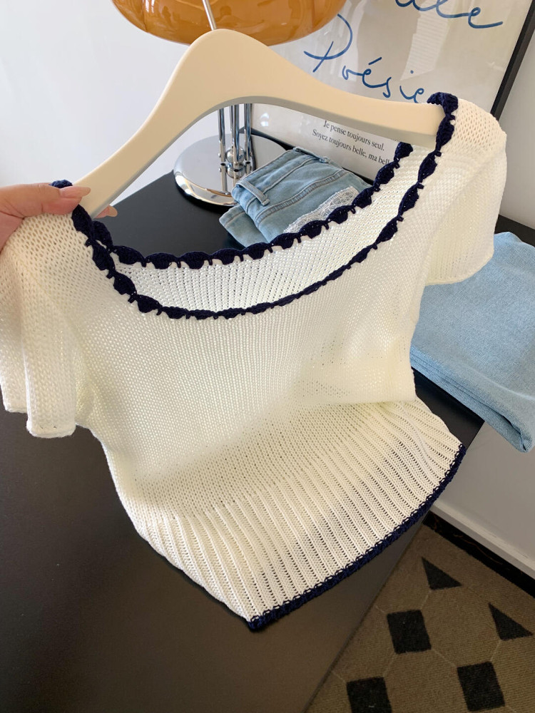 Korean Style Color-Blocking Square Neck Short Sleeve Knitted T-Shirt for Women - Slim Fit Early Summer Top Korean Style Color-Blocking Square Neck Short Sleeve Knitted T-Shirt for Women - Slim Fit Early Summer Top