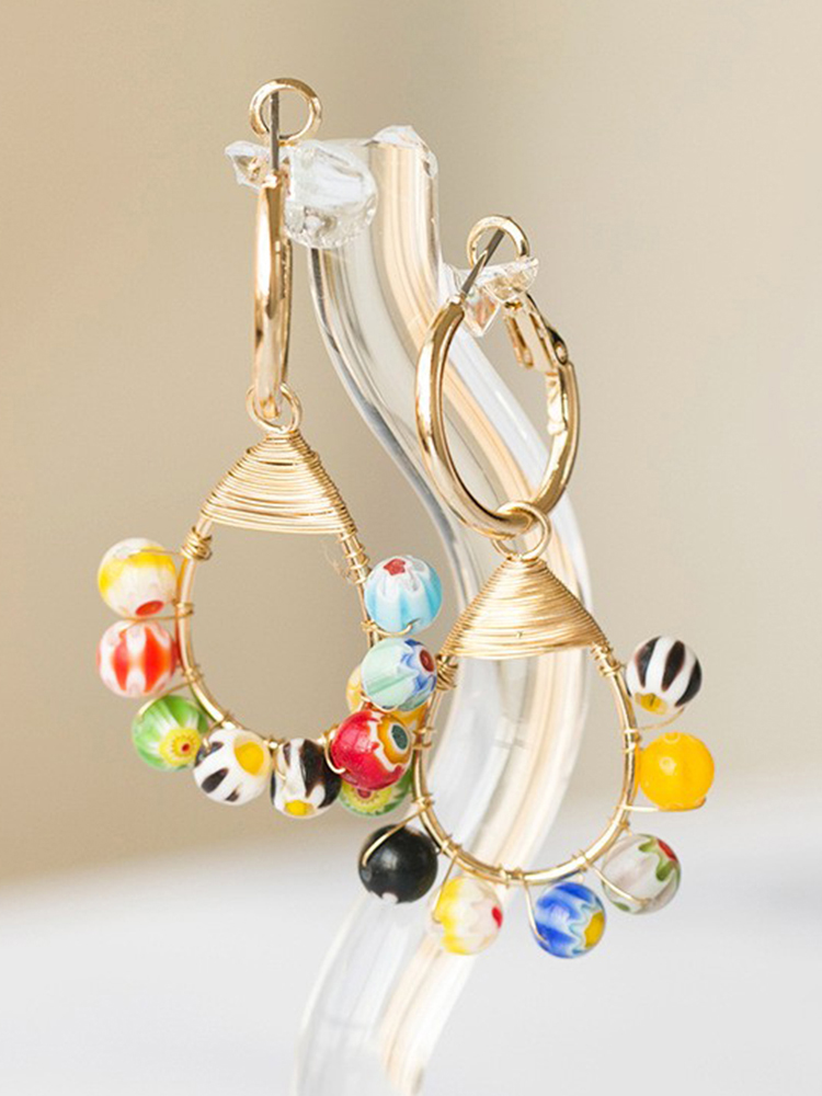 Korean-Style Colorful Glass Bead Double Ring Earrings with Gold Line - Ethnic Fashion Jewelry for Women, Versatile Niche Design Korean-Style Colorful Glass Bead Double Ring Earrings with Gold Line - Ethnic Fashion Jewelry for Women, Versatile Niche Design