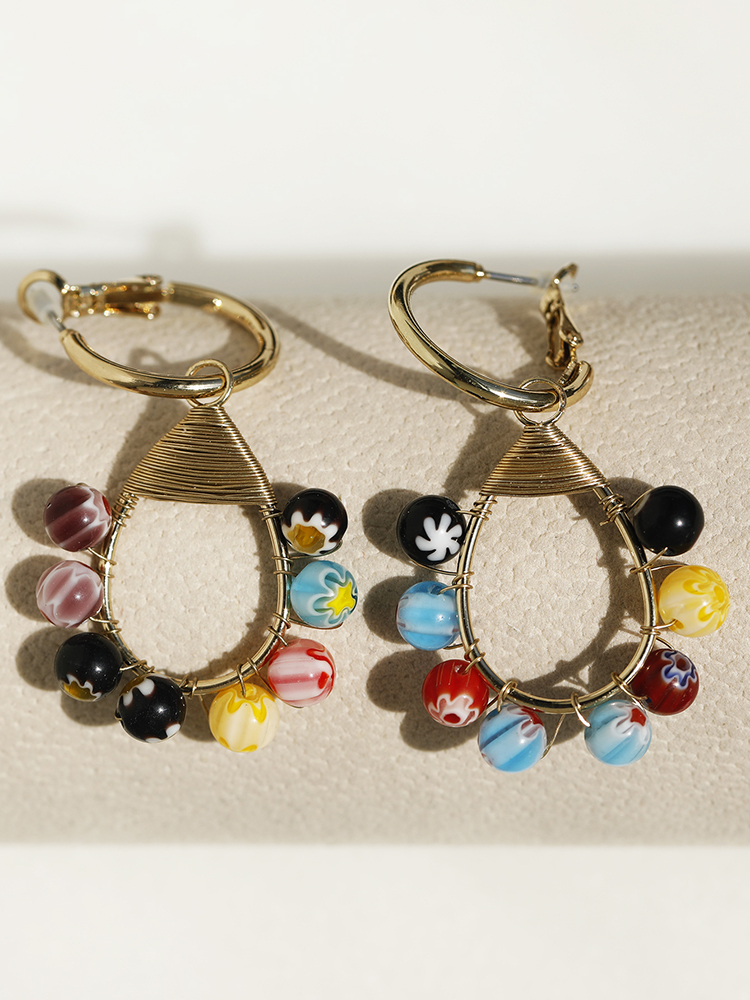 Korean-Style Colorful Glass Bead Double Ring Earrings with Gold Line - Ethnic Fashion Jewelry for Women, Versatile Niche Design