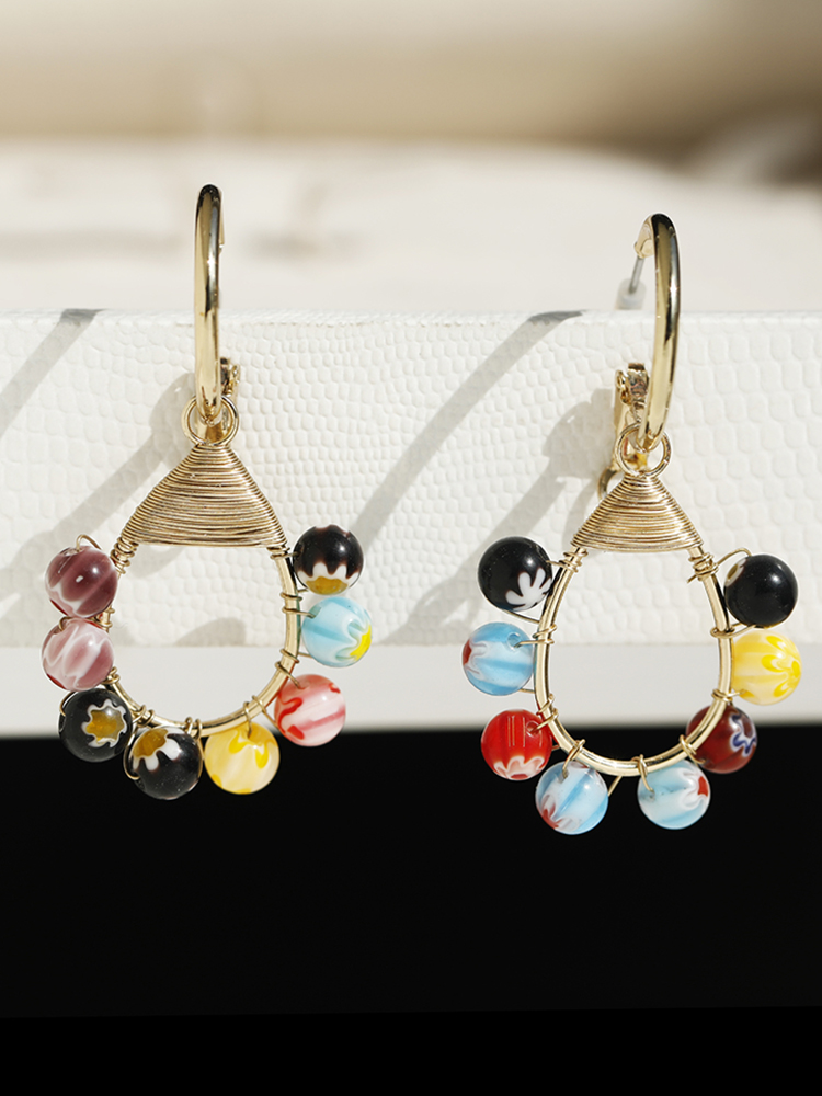 Korean-Style Colorful Glass Bead Double Ring Earrings with Gold Line - Ethnic Fashion Jewelry for Women, Versatile Niche Design Korean-Style Colorful Glass Bead Double Ring Earrings with Gold Line - Ethnic Fashion Jewelry for Women, Versatile Niche Design