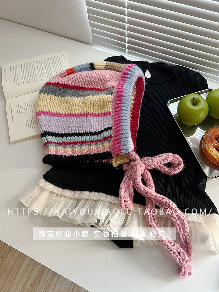 Korean-Style Colorful Striped Winter Pullover Balaclava Hat for Women, Knitted Wool Braid Ear Protection, Cozy Fashion Accessory