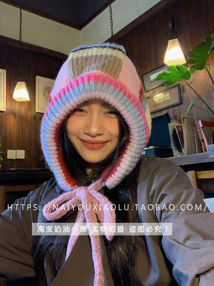 Korean-Style Colorful Striped Winter Pullover Balaclava Hat for Women, Knitted Wool Braid Ear Protection, Cozy Fashion Accessory Korean-Style Colorful Striped Winter Pullover Balaclava Hat for Women, Knitted Wool Braid Ear Protection, Cozy Fashion Accessory