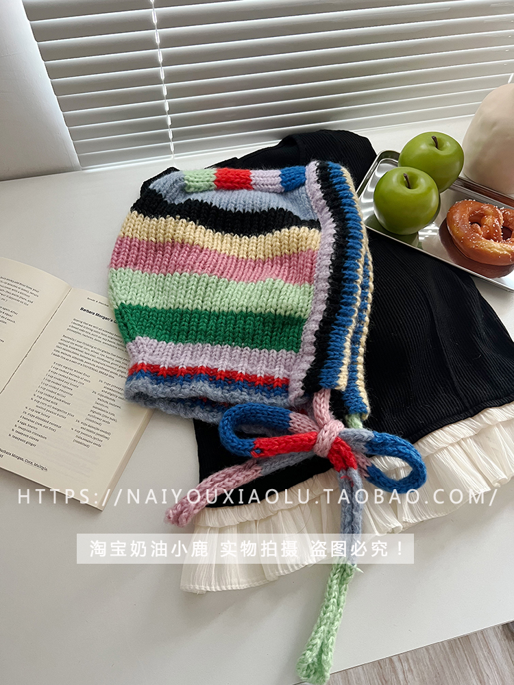 Korean-Style Colorful Striped Winter Pullover Balaclava Hat for Women, Knitted Wool Braid Ear Protection, Cozy Fashion Accessory Korean-Style Colorful Striped Winter Pullover Balaclava Hat for Women, Knitted Wool Braid Ear Protection, Cozy Fashion Accessory