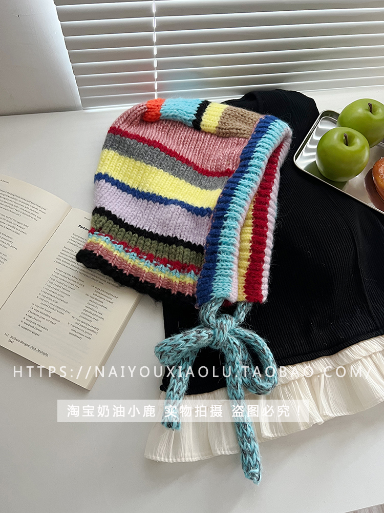 Korean-Style Colorful Striped Winter Pullover Balaclava Hat for Women, Knitted Wool Braid Ear Protection, Cozy Fashion Accessory Korean-Style Colorful Striped Winter Pullover Balaclava Hat for Women, Knitted Wool Braid Ear Protection, Cozy Fashion Accessory
