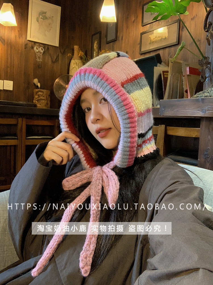 Korean-Style Colorful Striped Winter Pullover Balaclava Hat for Women, Knitted Wool Braid Ear Protection, Cozy Fashion Accessory