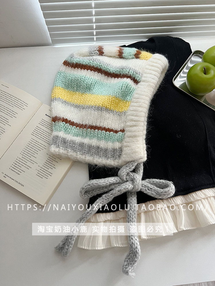 Korean-Style Colorful Striped Winter Pullover Balaclava Hat for Women, Knitted Wool Braid Ear Protection, Cozy Fashion Accessory Korean-Style Colorful Striped Winter Pullover Balaclava Hat for Women, Knitted Wool Braid Ear Protection, Cozy Fashion Accessory